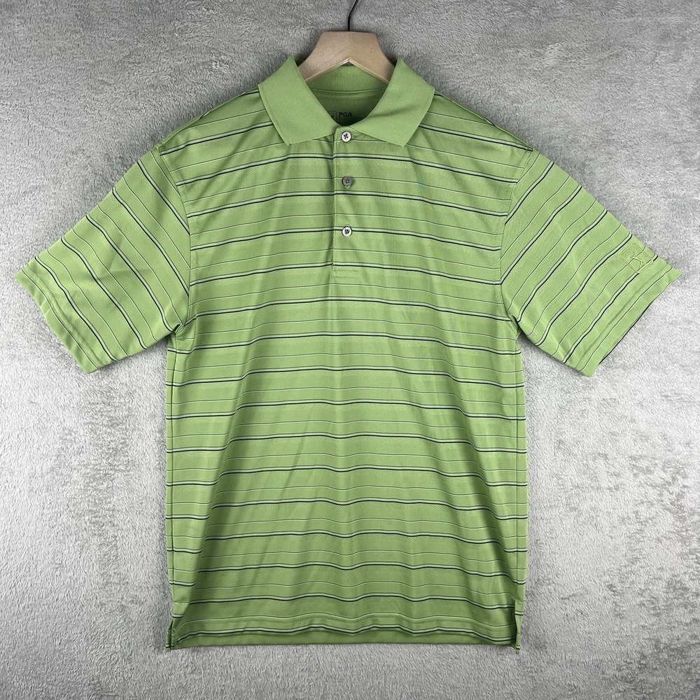 PGA Tour Men's Polo Shirt Size S Green Stripe Short Sleeve Logo Polyester